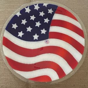 Peggy Karr Retired 14” Fused Art Glass American Flag Platter/Plate. Signed New